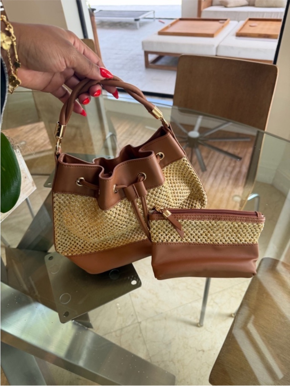 Saks Woven Straw Brown Bucket Bag with Pouch